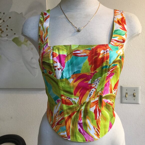 GUESS Vibrant Multicolor Printed Corset Crop Top Bustier Zip Back \Lined S - Picture 2 of 9